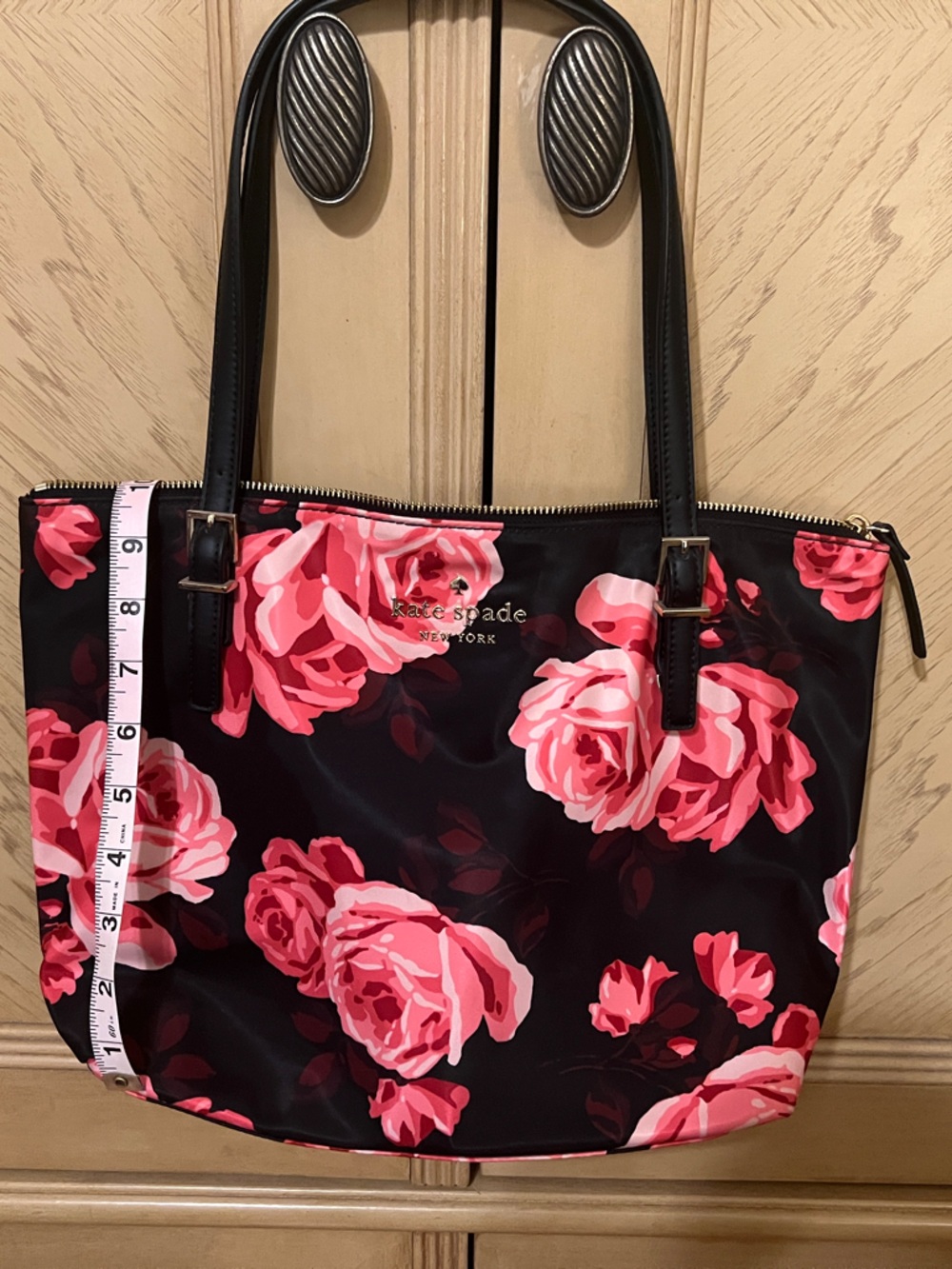 kate spade Black Tote with Pink Rose Print